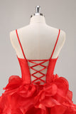 Red A Line Corset Keyhole Ruffled Short Prom Dress With Bows