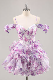 Purple Cold Shoulder A Line Printed Corset Short Prom Dress With Ruffles
