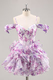 Purple Cold Shoulder A Line Printed Corset Short Prom Dress With Ruffles