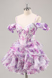 Purple Cold Shoulder A Line Printed Corset Short Prom Dress With Ruffles