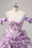 Purple Cold Shoulder A Line Printed Corset Short Prom Dress With Ruffles