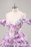 Purple Cold Shoulder A Line Printed Corset Short Prom Dress With Ruffles