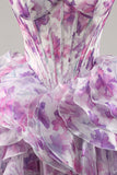 Purple Cold Shoulder A Line Printed Corset Short Prom Dress With Ruffles