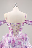 Purple Cold Shoulder A Line Printed Corset Short Prom Dress With Ruffles