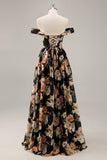 Sparkly Black Floral Ruched Long Bridesmaid Dress with Beading