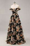 Sparkly Black Floral Ruched Long Bridesmaid Dress with Beading