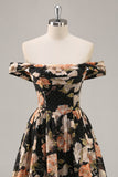 Sparkly Black Floral Ruched Long Bridesmaid Dress with Beading