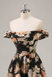 Sparkly Black Floral Ruched Long Bridesmaid Dress with Beading