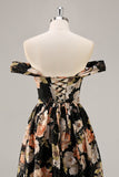 Sparkly Black Floral Ruched Long Bridesmaid Dress with Beading