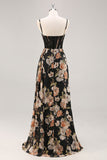 Sparkly Black Corset Floral Long Bridesmaid Dress with Beading
