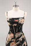 Sparkly Black Corset Floral Long Bridesmaid Dress with Beading