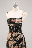 Sparkly Black Corset Floral Long Bridesmaid Dress with Beading