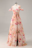 Pink Floral Ruched Long Bridesmaid Dress with Slit