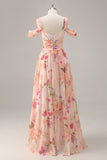 Pink Floral Ruched Long Bridesmaid Dress with Slit