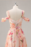 Pink Floral Ruched Long Bridesmaid Dress with Slit