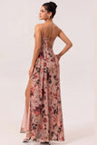 Dusty Rose Sheath Ruched Floral Corset Long Bridesmaid Dress with Side Streamer