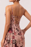 Dusty Rose Sheath Ruched Floral Corset Long Bridesmaid Dress with Side Streamer