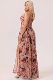 Dusty Rose Sheath Ruched Floral Corset Long Bridesmaid Dress with Side Streamer