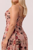 Dusty Rose Sheath Ruched Floral Corset Long Bridesmaid Dress with Side Streamer