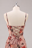 Dusty Rose Sheath Ruched Floral Corset Long Bridesmaid Dress with Side Streamer