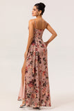 Dusty Rose Sheath Ruched Floral Corset Long Bridesmaid Dress with Side Streamer