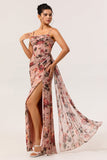 Dusty Rose Sheath Ruched Floral Corset Long Bridesmaid Dress with Side Streamer
