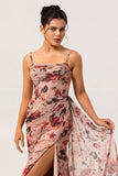 Dusty Rose Sheath Ruched Floral Corset Long Bridesmaid Dress with Side Streamer