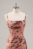 Dusty Rose  Ruched Floral Corset Long Bridesmaid Dress with Slit