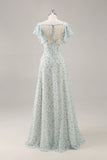 Blue Floral Chiffon Ruffled Long Bridesmaid Dress with Slit