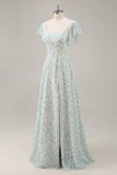 Blue Floral Chiffon Ruffled Long Bridesmaid Dress with Slit