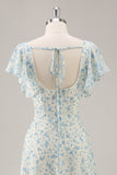 Blue Floral Chiffon Ruffled Long Bridesmaid Dress with Slit