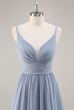 Dusty Blue Chiffon Ruched Long Bridesmaid Dress with Slit
