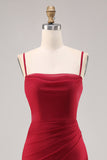 Dark Red Ruched Chiffon Spaghetti Straps Long Bridesmaid Dress with Slit