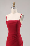 Dark Red Ruched Chiffon Spaghetti Straps Long Bridesmaid Dress with Slit