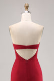Dark Red Ruched Chiffon Spaghetti Straps Long Bridesmaid Dress with Slit