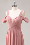 Dusty Rose Cold Shoulder Chiffon Ruched Long Bridesmaid Dress with Slit