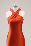 Rust Satin Halter Mermaid Long Bridesmaid Dress with Bow