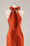 Rust Satin Halter Mermaid Long Bridesmaid Dress with Bow