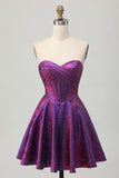 Metallic Dark Purple Strapless Corset Short Prom Dress