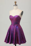 Metallic Dark Purple Strapless Corset Short Prom Dress