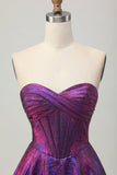 Metallic Dark Purple Strapless Corset Short Prom Dress