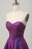 Metallic Dark Purple Strapless Corset Short Prom Dress
