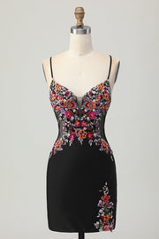 Black Bodycon Flower Spaghetti Straps Mini Cocktail Dress