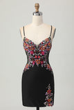 Sparkly Black Bodycon Floral Spaghetti Straps Mini Cocktail Dress