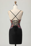 Sparkly Black Bodycon Floral Spaghetti Straps Mini Cocktail Dress