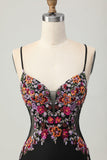 Black Bodycon Flower Spaghetti Straps Mini Cocktail Dress