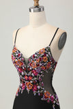 Black Bodycon Flower Spaghetti Straps Mini Cocktail Dress