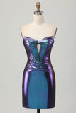 Metallic Blue Purple Strapless Cut Out Corset Tight Cocktail Dress