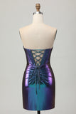 Metallic Blue Purple Strapless Cut Out Corset Tight Cocktail Dress