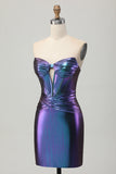 Metallic Blue Purple Strapless Cut Out Corset Tight Cocktail Dress
